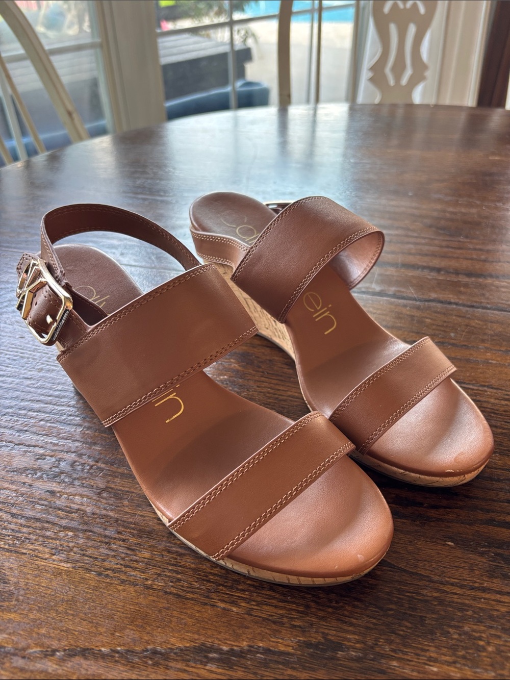 Calvin Klein Tan Leather Double-Strap Wedge Sandals 9 1/2